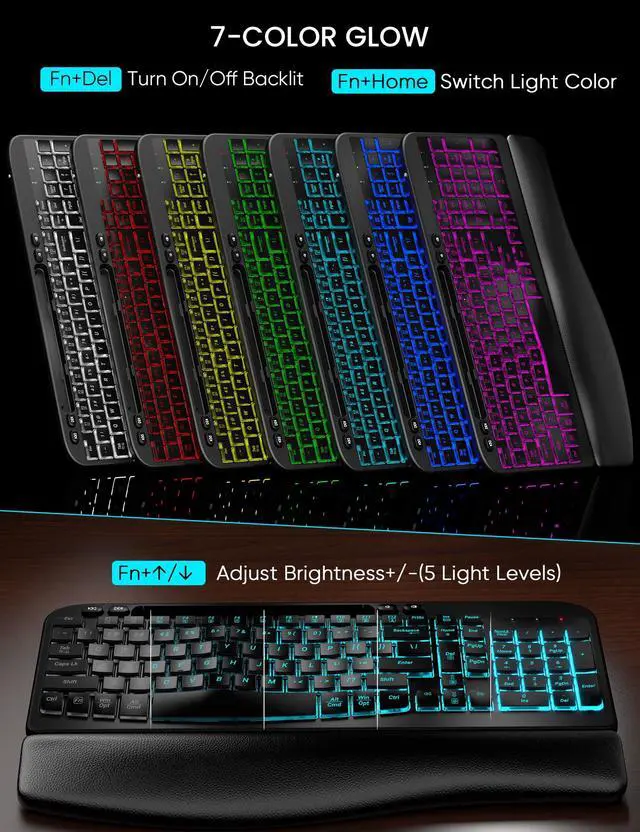 Alt view image 3 of 7 - SABLUTE Wireless Keyboard and Mouse Combo - Ergonomic Wave Keyboard with Soft Leather Wrist Rest, Phone Holder, Rechargeable, RGB Backlit Mouse, Full-Size Set for Windows/Mac/Computer (Black)