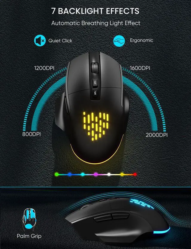 Alt view image 6 of 7 - SABLUTE Wireless Keyboard and Mouse Combo - Ergonomic Wave Keyboard with Soft Leather Wrist Rest, Phone Holder, Rechargeable, RGB Backlit Mouse, Full-Size Set for Windows/Mac/Computer (Black)