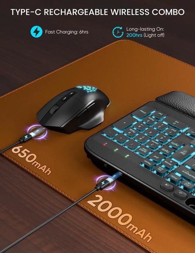 Alt view image 5 of 7 - SABLUTE Wireless Keyboard and Mouse Combo - Ergonomic Wave Keyboard with Soft Leather Wrist Rest, Phone Holder, Rechargeable, RGB Backlit Mouse, Full-Size Set for Windows/Mac/Computer (Black)