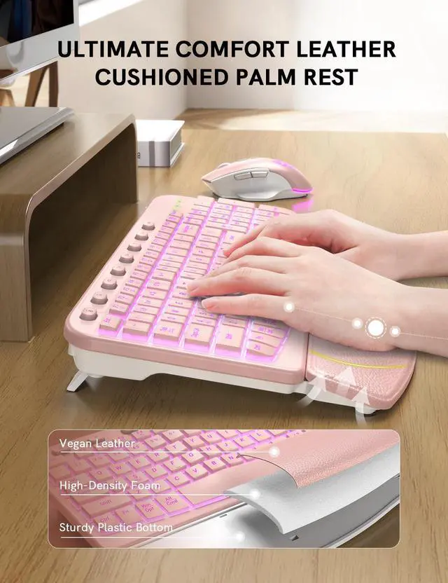 Alt view image 2 of 7 - SABLUTE Ergonomic Wireless Keyboard and Mouse Combo - Wave Keyboard with Soft Leather Wrist Rest, Resistant Keys, RGB Backlit Rechargeable Set for PC/Mac/Chromebook (Pink)