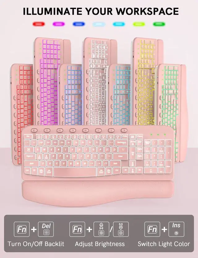 Alt view image 3 of 7 - SABLUTE Ergonomic Wireless Keyboard and Mouse Combo - Wave Keyboard with Soft Leather Wrist Rest, Resistant Keys, RGB Backlit Rechargeable Set for PC/Mac/Chromebook (Pink)