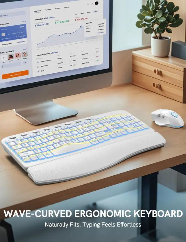 Alt view image 4 of 7 - SABLUTE Ergonomic Wireless Keyboard and Mouse Combo - Wave Keyboard with Soft Leather Wrist Rest, Resistant Keys, RGB Backlit Rechargeable Set for PC/Mac/Chromebook (White)
