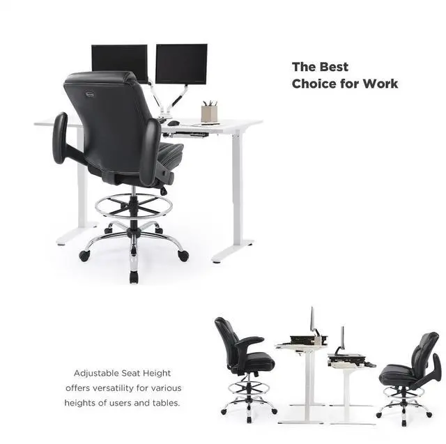 Alt view image 2 of 7 - CHAIRMAN® Multi-Purpose Ergonomic Padded Mid-Back Bonded Leather Swivel Adjustable Drafting Chair with Multi-Function Arms and Foot Ring, Standing-Desk Matched Tall Swivel Computer Office Stool, Black