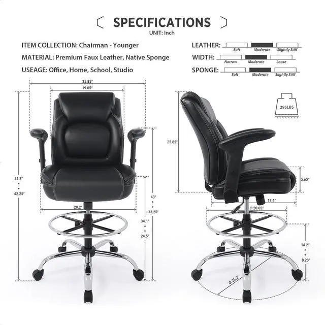 Alt view image 3 of 7 - CHAIRMAN® Multi-Purpose Ergonomic Padded Mid-Back Bonded Leather Swivel Adjustable Drafting Chair with Multi-Function Arms and Foot Ring, Standing-Desk Matched Tall Swivel Computer Office Stool, Black