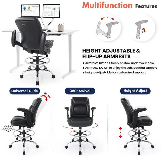 Alt view image 4 of 7 - CHAIRMAN® Multi-Purpose Ergonomic Padded Mid-Back Bonded Leather Swivel Adjustable Drafting Chair with Multi-Function Arms and Foot Ring, Standing-Desk Matched Tall Swivel Computer Office Stool, Black