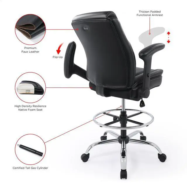 Alt view image 6 of 7 - CHAIRMAN® Multi-Purpose Ergonomic Padded Mid-Back Bonded Leather Swivel Adjustable Drafting Chair with Multi-Function Arms and Foot Ring, Standing-Desk Matched Tall Swivel Computer Office Stool, Black