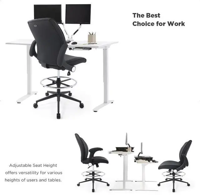 Alt view image 2 of 7 - CHAIRMAN® 8 Hours Multi-Purpose Ergonomic Padded Mid-Back Faux Leather Swivel Adjustable Drafting Chair with flip-up Arms and Foot Ring, Standing-Desk Matched Tall Swivel Computer Office Stool, Black