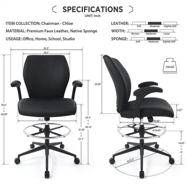 Alt view image 3 of 7 - CHAIRMAN® 8 Hours Multi-Purpose Ergonomic Padded Mid-Back Faux Leather Swivel Adjustable Drafting Chair with flip-up Arms and Foot Ring, Standing-Desk Matched Tall Swivel Computer Office Stool, Black