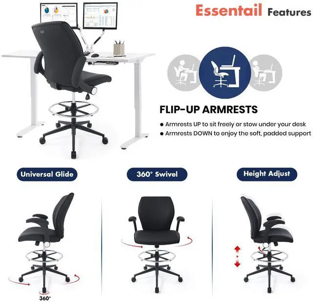 Alt view image 4 of 7 - CHAIRMAN® 8 Hours Multi-Purpose Ergonomic Padded Mid-Back Faux Leather Swivel Adjustable Drafting Chair with flip-up Arms and Foot Ring, Standing-Desk Matched Tall Swivel Computer Office Stool, Black