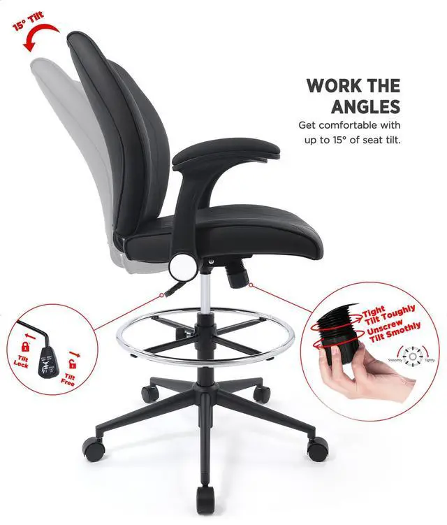 Alt view image 5 of 7 - CHAIRMAN® 8 Hours Multi-Purpose Ergonomic Padded Mid-Back Faux Leather Swivel Adjustable Drafting Chair with flip-up Arms and Foot Ring, Standing-Desk Matched Tall Swivel Computer Office Stool, Black