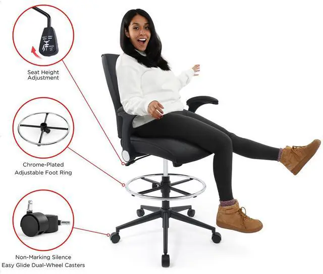 Alt view image 7 of 7 - CHAIRMAN® 8 Hours Multi-Purpose Ergonomic Padded Mid-Back Faux Leather Swivel Adjustable Drafting Chair with flip-up Arms and Foot Ring, Standing-Desk Matched Tall Swivel Computer Office Stool, Black