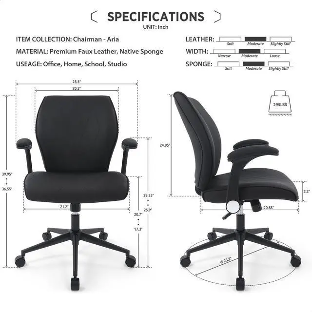 Alt view image 3 of 7 - CHAIRMAN® Premium Faux Leather Padded Mid-Back Adjustable-Height/Tilt, Swivel Office Computer Desk Chair with Flip-up Arms, Ergo Design for Sedentariness, Black