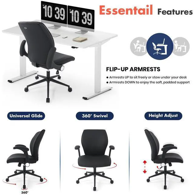 Alt view image 4 of 7 - CHAIRMAN® Premium Faux Leather Padded Mid-Back Adjustable-Height/Tilt, Swivel Office Computer Desk Chair with Flip-up Arms, Ergo Design for Sedentariness, Black