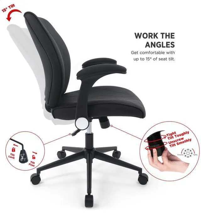 Alt view image 5 of 7 - CHAIRMAN® Premium Faux Leather Padded Mid-Back Adjustable-Height/Tilt, Swivel Office Computer Desk Chair with Flip-up Arms, Ergo Design for Sedentariness, Black