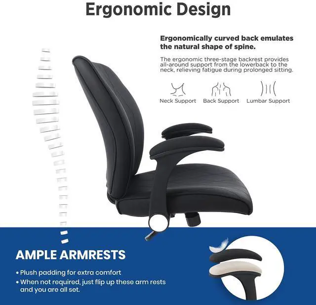 Alt view image 7 of 7 - CHAIRMAN® Premium Faux Leather Padded Mid-Back Adjustable-Height/Tilt, Swivel Office Computer Desk Chair with Flip-up Arms, Ergo Design for Sedentariness, Black