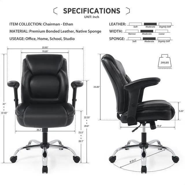 Alt view image 3 of 7 - CHAIRMAN® Ergonomic Heavy Duty Mid-Back Bonded Leather Padded Adjustable-Height/Tilt Executive Office Chair, Comfortable Swivel Rolling Computer Desk Task Office Stool with Flip-Up & Lift Arms, Black