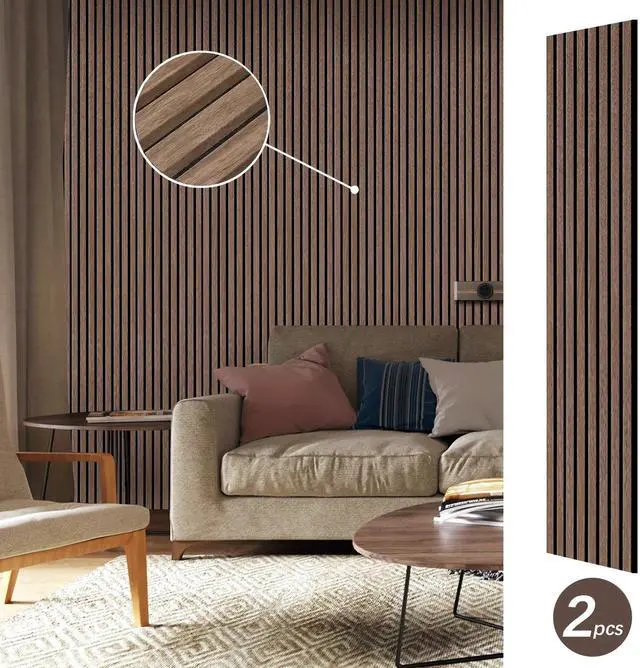 Alt view image 2 of 7 - UNISOAR Wood Panels for Wall - 2 PCS Wood Slat Wall Panel, Natural Walnut Veneer Acoustic Wall Panels - 12.6" W x 94.5" L