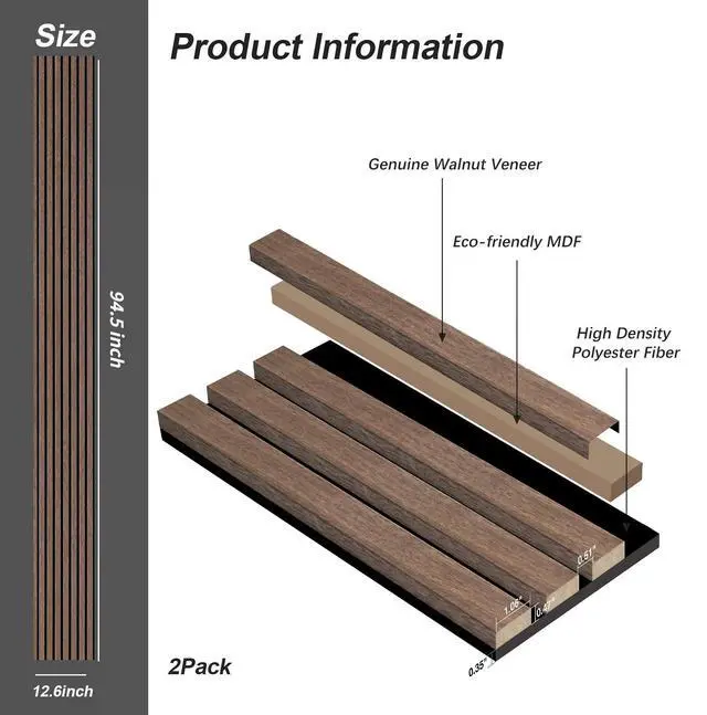 Alt view image 5 of 7 - UNISOAR Wood Panels for Wall - 2 PCS Wood Slat Wall Panel, Natural Walnut Veneer Acoustic Wall Panels - 12.6" W x 94.5" L