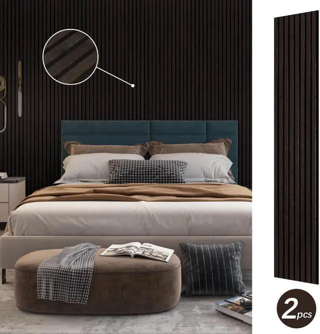 Alt view image 2 of 7 - UNISOAR Wood Panels for Wall, Wood Slat Wall Panel - 2 Pack, Black Wood Slats for Wall, Natural Smoked Wood Veneer Accent Wall Panels, Acoustic Slat Wood Wall Panels - 12.6" W x 94.5" L