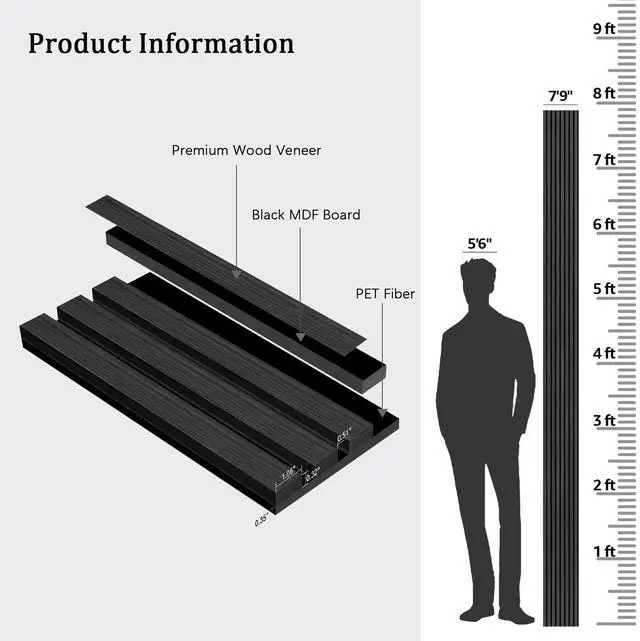 Alt view image 2 of 6 - UNISOAR Wood Panels for Wall -2 PCS Wood Slat Wall Panel, Technical Black Oak Veneer Acoustic Wall Panels - 12.6" W x 94.5" L