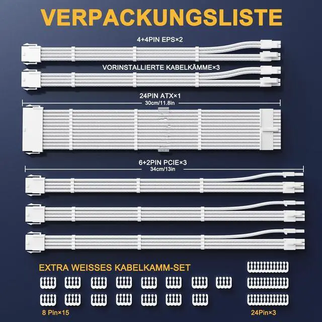 Alt view image 7 of 7 - Vszerda PSU Cable Extension Kit,One Way Bend Design PC Cables - Bright White Braided 1x 24Pin ATX / 2X 8 (4+4) Pin EPS/Gold-Plated 3X 8 (6+2) Pin PCIE for Power Supply,18AWG 6 Kits