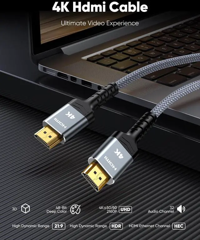 Alt view image 4 of 7 - Vszerda 4K HDMI Cable 3.3FT/1m 4K@60Hz HDR Braided HDMI 2.0 Cord, 18Gbps High Speed with Ethernet/ARC, 3D, HDCP 2.2, ARC, Compatible for PS-5/4/3/4K HDTV/Monitor/Projector/Streaming Media