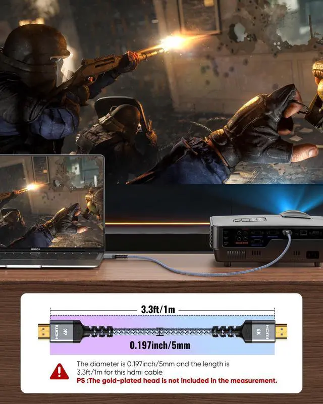 Alt view image 5 of 7 - Vszerda 4K HDMI Cable 3.3FT/1m 4K@60Hz HDR Braided HDMI 2.0 Cord, 18Gbps High Speed with Ethernet/ARC, 3D, HDCP 2.2, ARC, Compatible for PS-5/4/3/4K HDTV/Monitor/Projector/Streaming Media