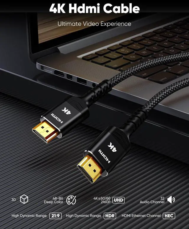 Alt view image 4 of 7 - Vszerda 4K HDMI Cable 6.6FT/2m - 4K@60Hz HDR Braided HDMI Cord, 18Gbps High Speed with Ethernet/ARC, 3D, HDCP 2.2, ARC, Compatible for PS-5/4/3/4K HDTV/Monitor/Projector/Streaming Media, Black