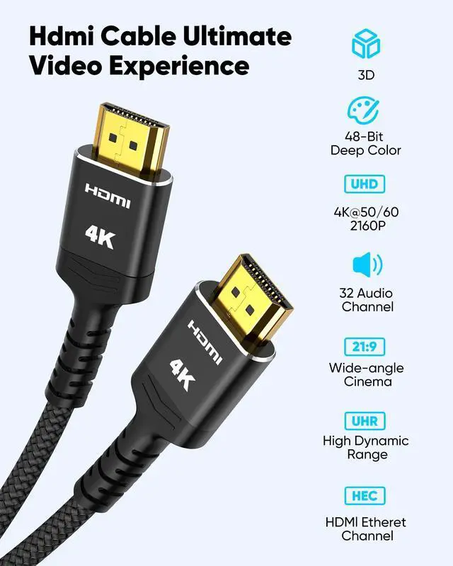 Alt view image 4 of 6 - Vszerda 4K Long HDMI Cable 50FT/15M, High Speed 18Gbps 2.0 Braided Cord-Supports (1080P 30Hz) HDR,Video Ultra HD 1080p 3D HDCP 2.2 ARC-Compatible with PS4/3 Roku TV/HDTV/PS5/Blu-ray