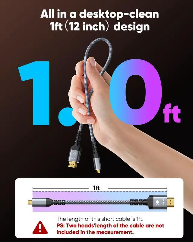 Alt view image 2 of 7 - Vszerda 4K Micro HDMI to HDMI Cable 1 FT, 4K@60Hz HDR, Micro HDMI Cord Compatible for DSLR Camera, Raspberry Pi, GoPro Hero to TV, Laptop, Computer, Monitor, for Video, Audio, Image, Streaming