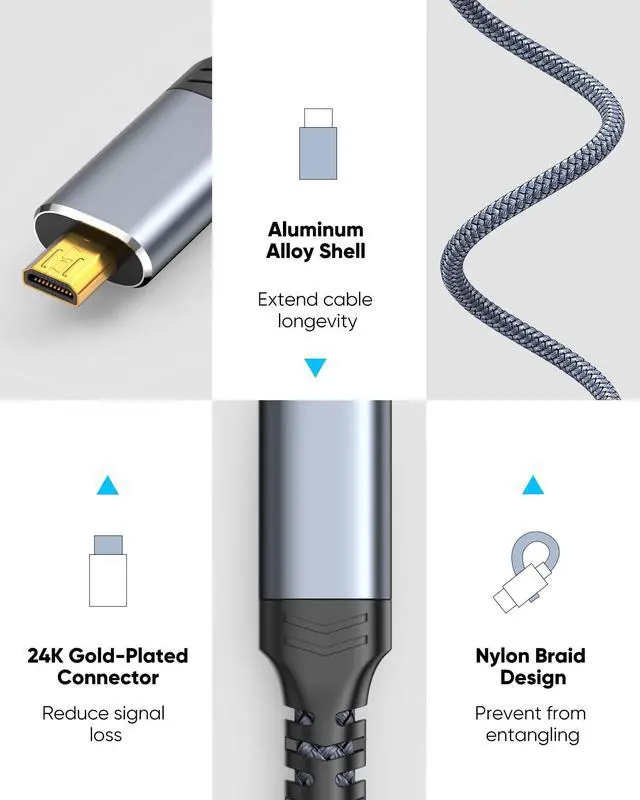 Alt view image 6 of 7 - Vszerda 4K Micro HDMI to HDMI Cable 10 FT, 4K@60Hz, Micro HDMI Cord HDR Compatible for DSLR Camera, Raspberry Pi, GoPro Hero to TV, Laptop, Computer, Monitor, for Video, Audio, Image, Streaming