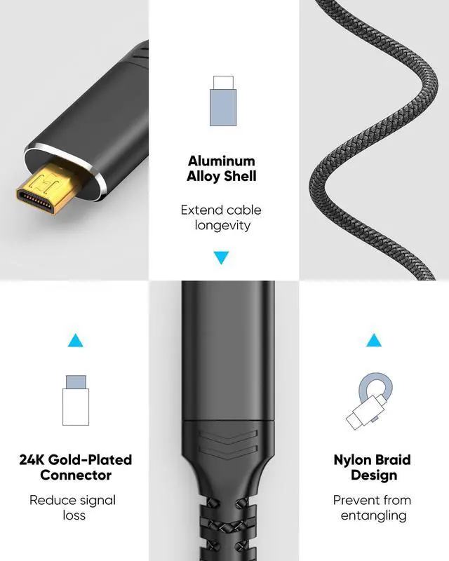 Alt view image 6 of 7 - Vszerda 4K Micro HDMI to HDMI Cable 6 FT, Micro Male to HDMI Male Cable Nylon Braided Cord Adapter 2.0 4K@60HZ 2K@165HZ 18Gbps Compatible with Laptop Camera Monitor HDMI to Micro HDMI Black