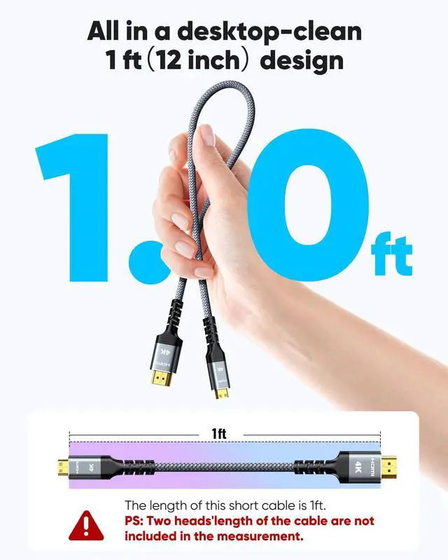 Alt view image 3 of 7 - Vszerda Mini HDMI to HDMI Cable 1FT, High Speed 4K60Hz HDMI to Mini HDMI Male Bi-Directional 2.0 Cord, for HDTV, Tablet, Camera and Camcorder [Aluminum Shell, Nylon Braided]