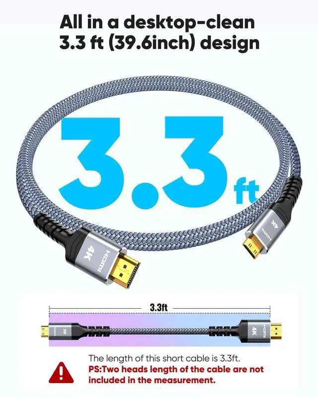 Alt view image 4 of 7 - Vszerda Mini HDMI to HDMI Cable 3.3FT, (4K 60Hz) High Speed HDMI to Mini HDMI Male Bi-Directional 2.0 Cord, for HDTV, Tablet, Camera and Camcorder [Aluminum Shell, Nylon Braided]