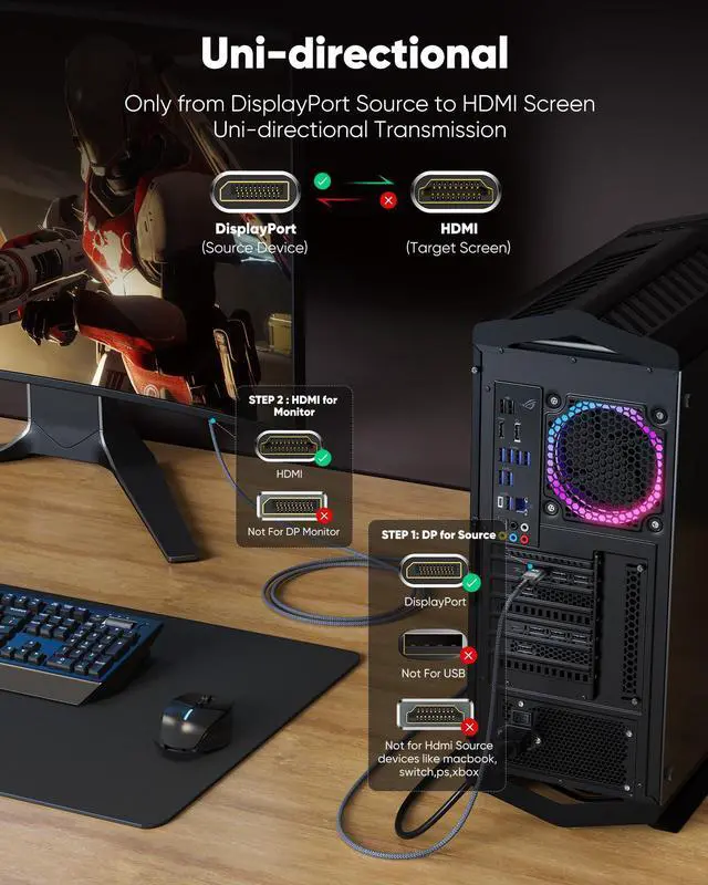 Alt view image 4 of 7 - Vszerda 4K DisplayPort to HDMI, 15ft Uni-Directional DP (Source) to HDMI (Display) 1.4 Cable, 4K@30Hz, 2K@60Hz, 1080P Full HD, Braided Cord for Dell, NVIDIA, AMD, Monitor, Projector (Grey)