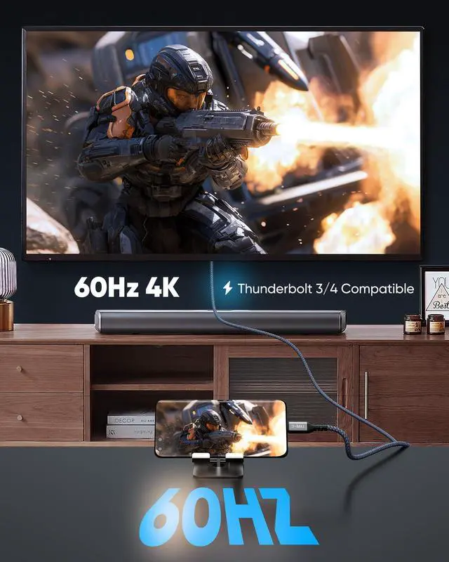 Alt view image 5 of 7 - Vszerda USB C to HDMI Cable 6.6FT(4K@60Hz), High Speed Type C to HDMI 2.0 Cord, [Thunderbolt 3/4 Compatible] with iPhone 16 Pro/15 Pro/Max, MacBook Pro/Air 2023, iPad Pro, Surface Book