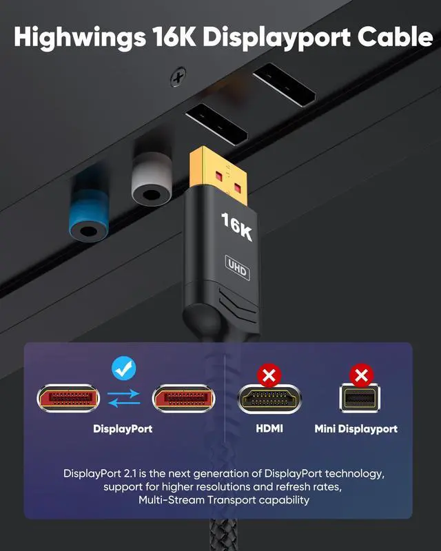 Alt view image 6 of 7 - Vszerda Displayport Cable 2.1, 16K DP 2.0 Cable 10FT [16K@60Hz, 8K@120Hz, 4K@240Hz 165Hz 144Hz] Support 54Gbps, HDCP DSC 1.2a, HDR10 FreeSync G-Sync for 3090 Graphics PC