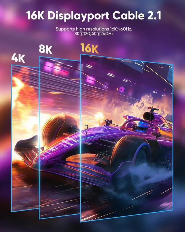 Alt view image 7 of 7 - Vszerda Displayport Cable 2.1, 16K DP 2.0 Cable 15FT [16K@60Hz, 8K@120Hz, 4K@240Hz 165Hz 144Hz] Support 54Gbps, HDCP DSC 1.2a, HDR10 FreeSync G-Sync for 3090 Graphics PC