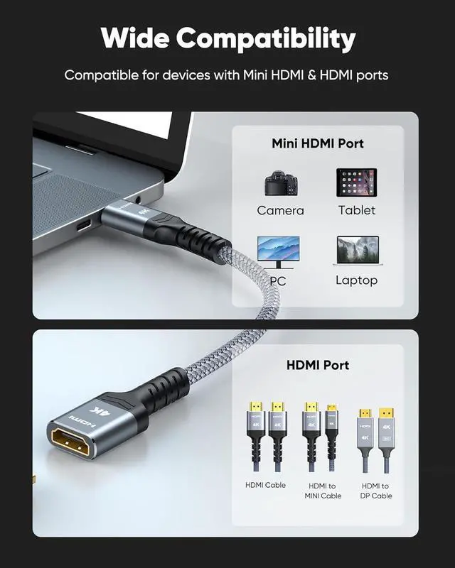 Alt view image 4 of 7 - Vszerda Mini HDMI to HDMI Adapter,Conversion Cord 4K 60Hz HDR 18Gbps HDMI Cable Compatible with Portable External Monitor, Camera, Projector, Computer, Graphics Card,Raspberry Pi Zero W, Camcorder 1FT