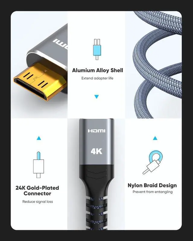 Alt view image 5 of 7 - Vszerda Mini HDMI to HDMI Adapter,Conversion Cord 4K 60Hz HDR 18Gbps HDMI Cable Compatible with Portable External Monitor, Camera, Projector, Computer, Graphics Card,Raspberry Pi Zero W, Camcorder 1FT