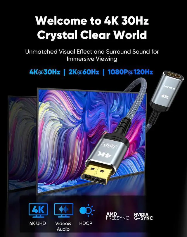 Alt view image 2 of 7 - Vszerda 4K DisplayPort to HDMI Adapter 2-Pack, Uni-directional Display Port DP to HDMI Nylon Braided Adaptor Converter Male to Female, for AMD NVIDIA HP Laptop HDTV Monitor Projector, [Passive] 1FT