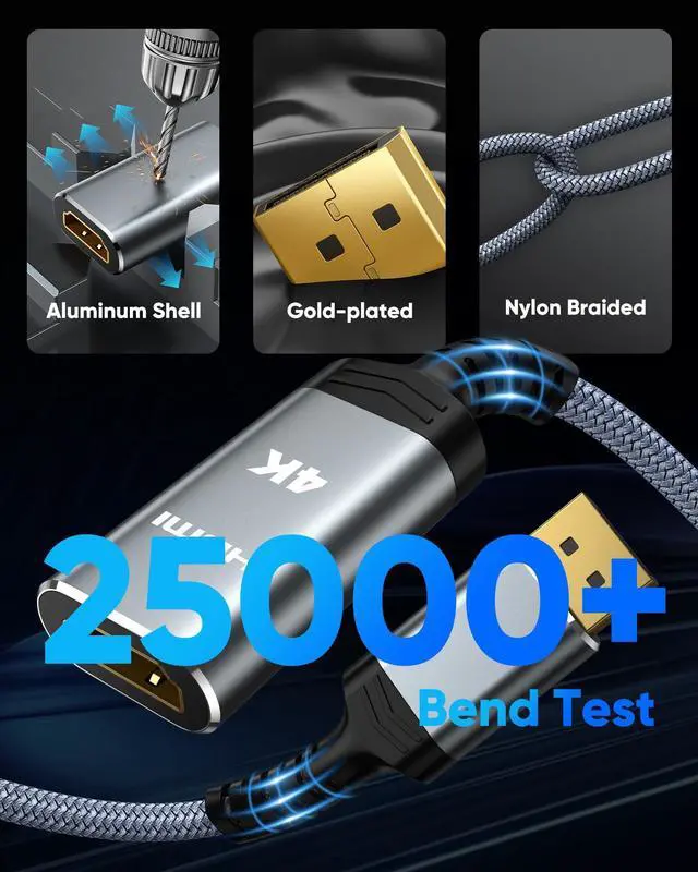 Alt view image 4 of 7 - Vszerda 4K DisplayPort to HDMI Adapter 2-Pack, Uni-directional Display Port DP to HDMI Nylon Braided Adaptor Converter Male to Female, for AMD NVIDIA HP Laptop HDTV Monitor Projector, [Passive] 1FT