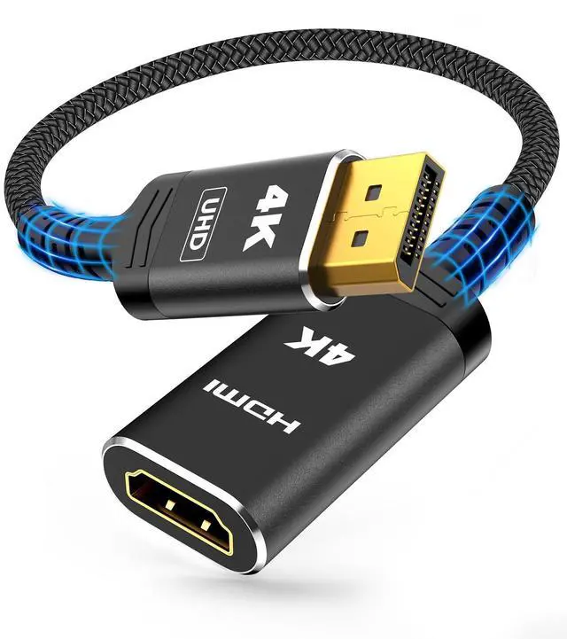 Main image of Vszerda 4K DisplayPort to HDMI Adapter, Uni-Directional DP to HDMI Adapter Converter Cable Male to Female, HDMI Abapter Compatible with Laptop Desktop HDTV Monitor Projector, Black, Passive 1FT