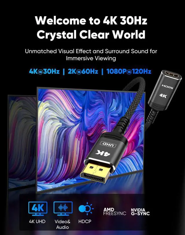 Alt view image 2 of 7 - Vszerda 4K DisplayPort to HDMI Adapter, Uni-Directional DP to HDMI Adapter Converter Cable Male to Female, HDMI Abapter Compatible with Laptop Desktop HDTV Monitor Projector, Black, Passive 1FT