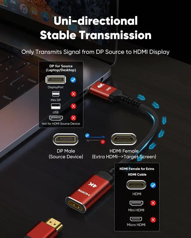 Alt view image 3 of 7 - Vszerda 4K DisplayPort to HDMI Cable Adapter, DP to HDMI Cable Uni-Directional UHD (2K 60Hz, 1080p 120Hz), Display Port Male to HDMI Female Passive, Monitor Converter for Computer, GPU, AMD, 1FT/30CM