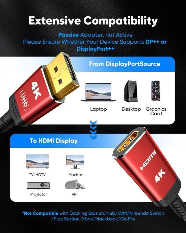 Alt view image 4 of 7 - Vszerda 4K DisplayPort to HDMI Cable Adapter, DP to HDMI Cable Uni-Directional UHD (2K 60Hz, 1080p 120Hz), Display Port Male to HDMI Female Passive, Monitor Converter for Computer, GPU, AMD, 1FT/30CM