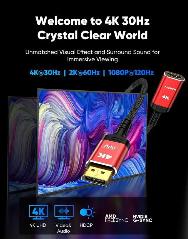 Alt view image 2 of 7 - Vszerda 4K DisplayPort to HDMI Cable Adapter, DP to HDMI Cable Uni-Directional UHD (2K 60Hz, 1080p 120Hz), Display Port Male to HDMI Female Passive, Monitor Converter for Computer, GPU, AMD, 1FT/30CM