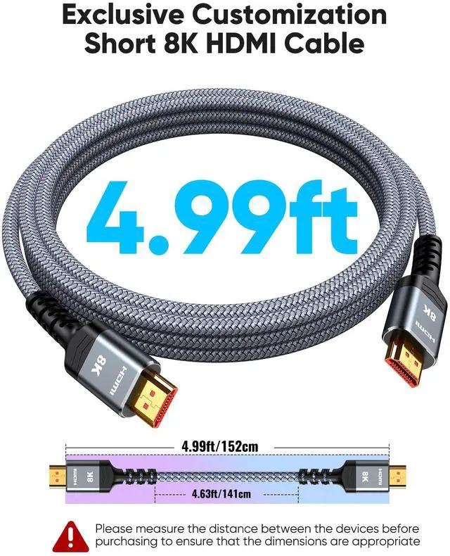 Alt view image 7 of 7 - Vszerda 8K HDMI Cable 4.99ft Total Length, 4.63ft Cable Length, Ultra High Speed HDMI Braided Cord-4K@120Hz, 8K@60Hz,eARC, Compatible for PS5,Monitor,PC and More
