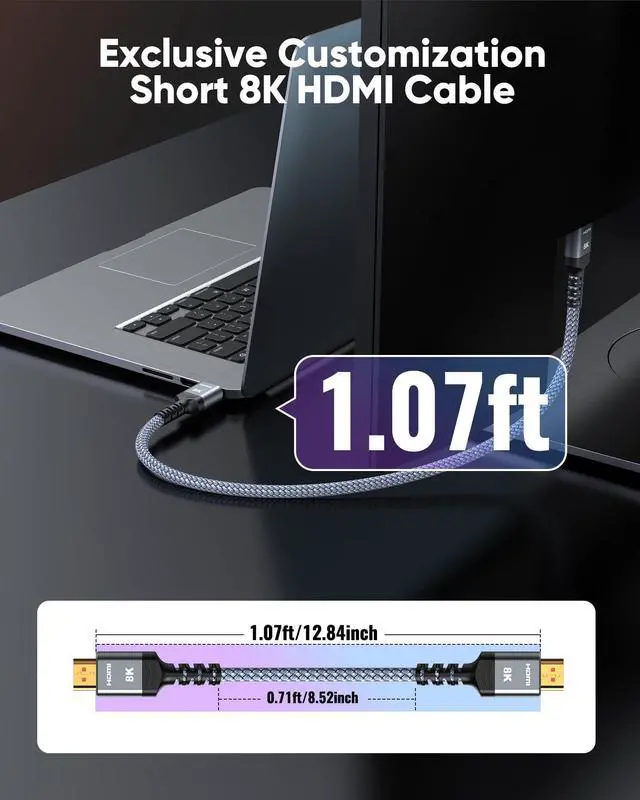 Alt view image 3 of 7 - Vszerda Extra Short 8K HDMI Cable 1.07ft Total Length, 0.71ft Cable Length, Ultra High Speed HDMI Braided Cord-4K@120Hz, 8K@60Hz,eARC, Compatible for PS5,Monitor,PC and More