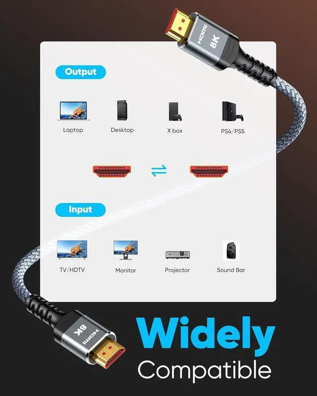 Alt view image 6 of 7 - Vszerda 8K HDMI Cable Long 2.1 30FT/9M, 48Gbps High Speed HDMI 4K120 144Hz Dynamic HDR 10 eARC HDCP 2.2&2.3 Compatible for PS5, Blu-ray Player and Monitor